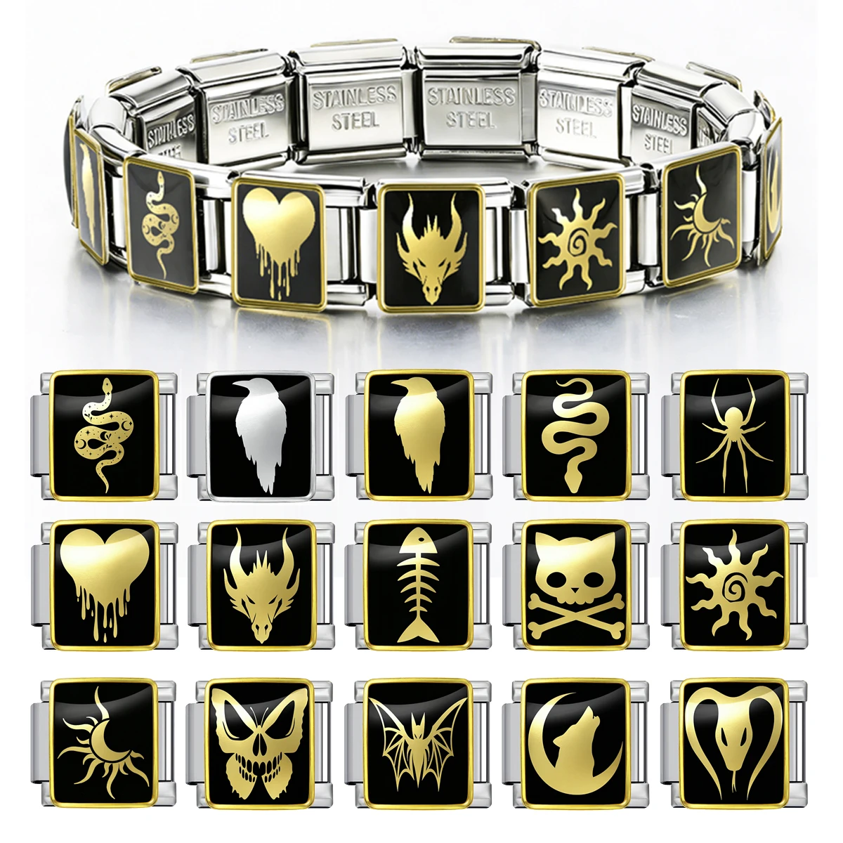 Original Design Gothic Punk Retro Schlangen-, Spinnen- und Fledermaus-Motiv Italienische Gliederkette 9mm Armbandherstellung Perlen DIY Edelstahl Schmuck Geschenk – Detail 1