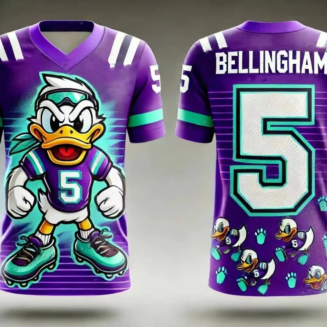 

Футбольная майка с изображением утки Диснея, 3d принт No 5 BELLINGHAM, тренировочная женская спортивная мужская футболка с короткими рукавами для мальчиков и девочек