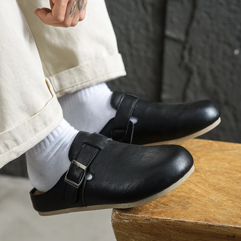 Slides Sandals Slip-on Mules Loafers Slippers Open-back Casual Shoes for Man Leather Backless Flat Sneakers Large Size 45 46