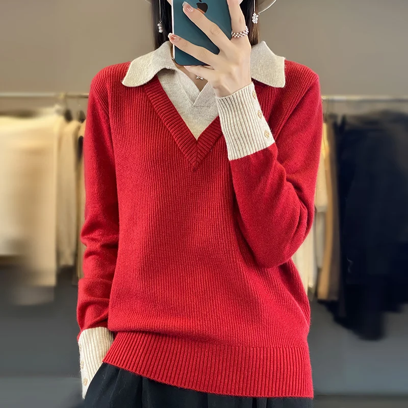 Women Autumn Winter Pure Wool Blend Sweater Polo V-neck Color Blocking Splicing Pullover Female Soft Casual Knitted Basis Top