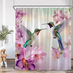 Hummingbird Shower Curtain Pink Floral Plant Birds Natural Rustic Scenery Bath Curtains Polyester Home Bathroom Decor with Hooks