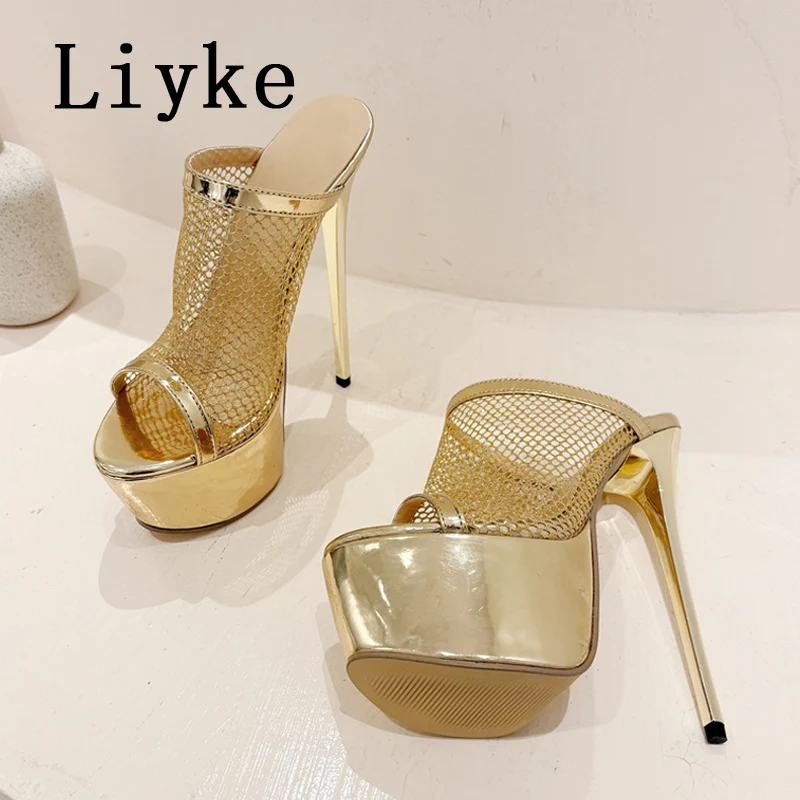 Liyke Summer Fashion Breathable Mesh Peep Toe Extreme High Heels Platform Slippers For Women Sandals Shoes Lady Pumps Slides