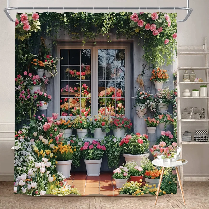 Vibrant tulips roses and garden scene with rustic ivy covered ambiance includes 12 hooks machine washable easy to care for