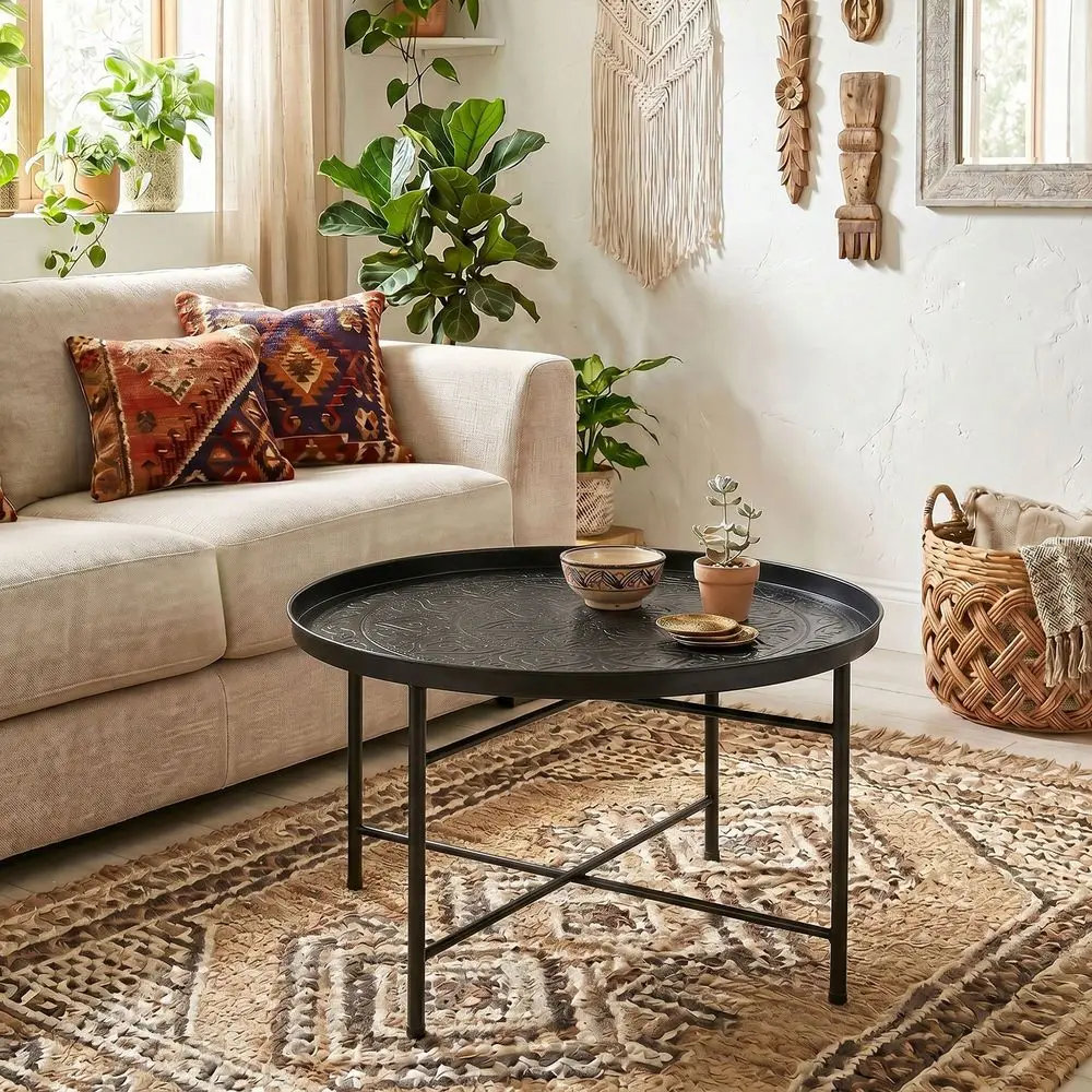 Round Black Coffee Table Hammered Tray Top, Metal Frame, Indoor Living Room Furniture For Small Spaces, Apartment Seating Areas