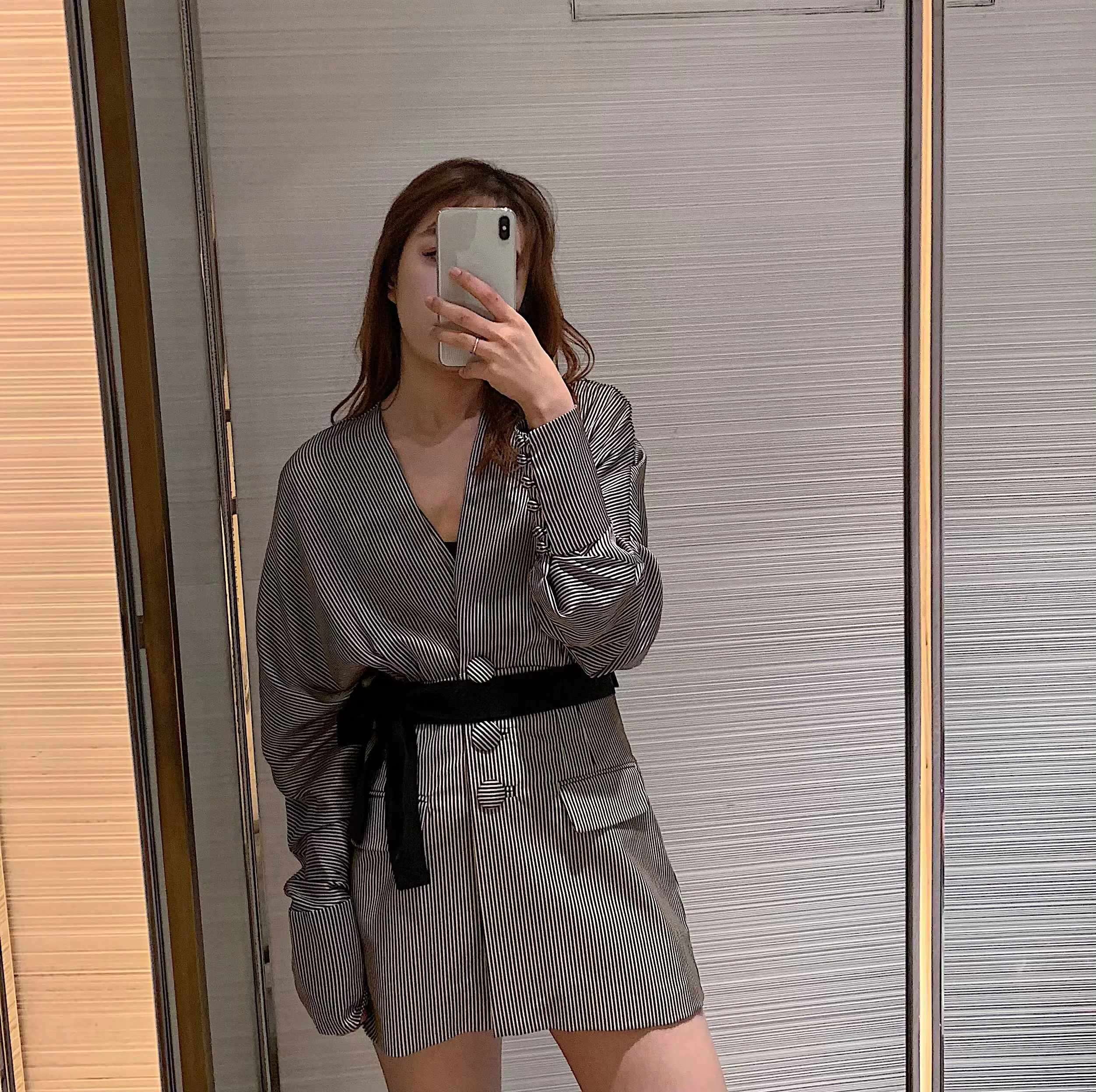 Slimming Stripe Design V-Ne Suit Dr Women's High Waist A-Line ort Skirt Vintage Sle Commute Spring Summer New Arrival