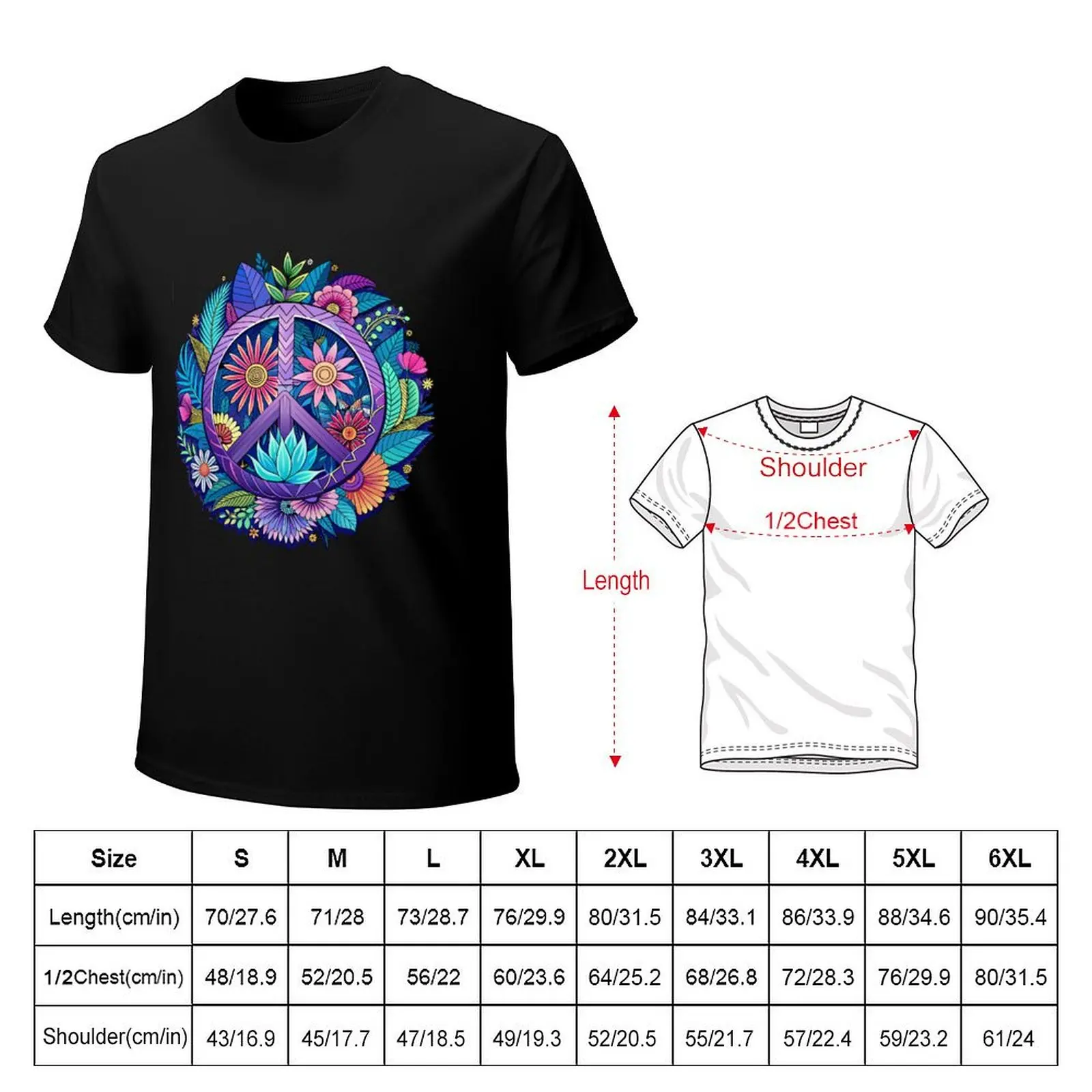 Design that focuses on the peace sign made of colorful flowers T-Shirt Summer Fashion Casual Tee Shirt