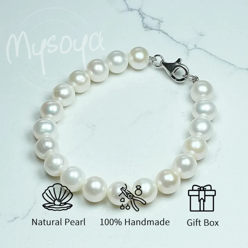 

MYSOYA 7-8mm Natural White Freshwater Pearl Bracelet For Women And Men With Gift Box Perfect Birthday Wedding Anniversary Gift