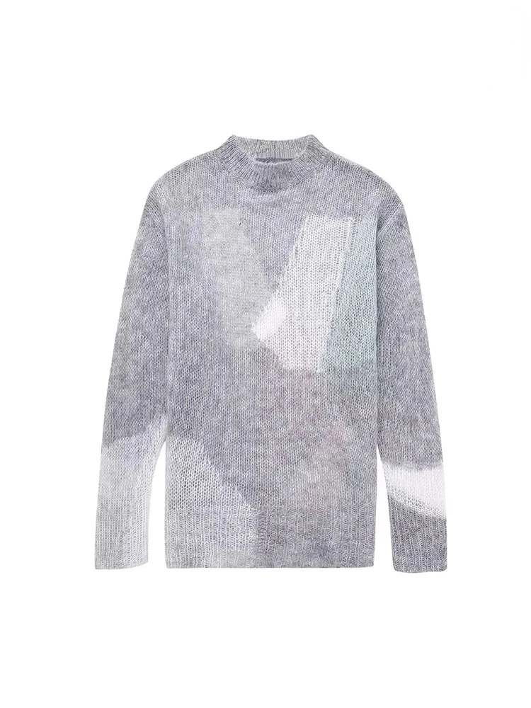 

TRAF Sweaters Women Fashion Colour Block Open Knit Sweater Vintage O Neck Long Sleeves Female Pullovers Chic Tops Casual Clothes