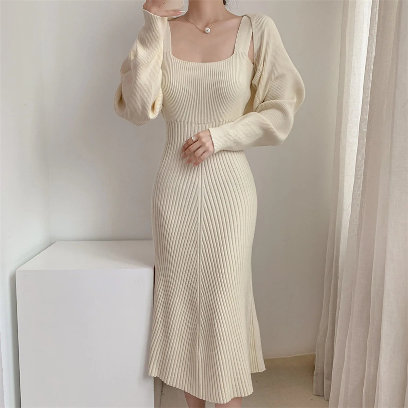 

Chic Elegant Wool Dress Set Women Autumn Elegant Square Collar Sheath Knitwear Korean Street Khaki Knitted Jumper Winter Dress