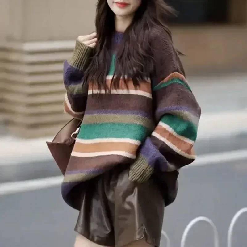 

Женский вязаный свитер в полоску, женские пуловеры в корейском стиле, осенний джемпер, оригинальная модная теплая трендовая одежда с длинными рукавами, распродажа