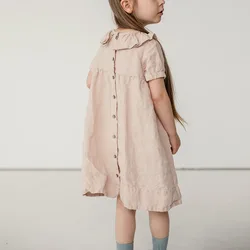 Summer Casual Short-Sleeved Linen Dress Girls 2026 Solid Loose Cotton And Linen Ruffled Round Neck Wooden Buttons Kids Dresses