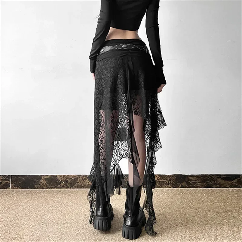 2025 New Vintage Dark Punk Irregular Hem Lace Patchwork Mid Skirts Gothic Retro Women's Streetwear Fairy Slim Pleat A-line Skirt