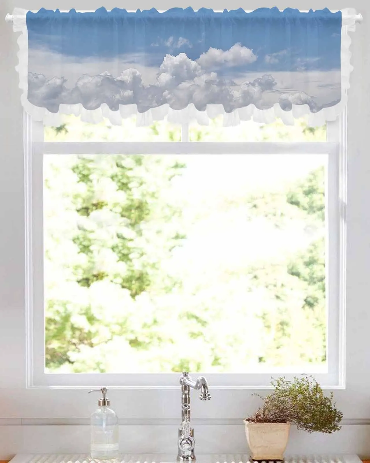 Demi-Rideaux en Tulle Blanc Court, Nuages de Ciel, pour Salon, Porte de Cuisine, 73 Fenêtres, Cantonnière Transparente