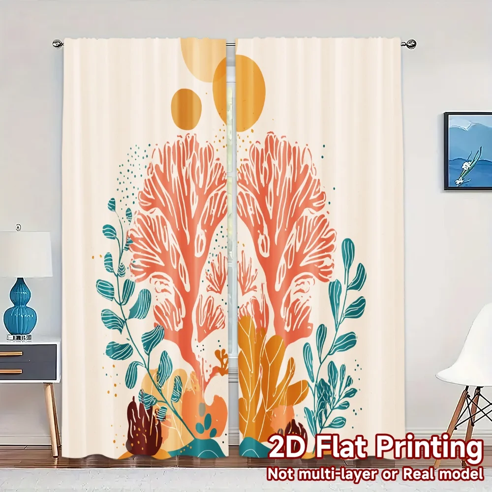2D Flat Printing,JIT 2pcs, Curtains (Without Rod) Coral Elegance Popular Fashionable Curtains Semi-Sheer Curtains Versatile All