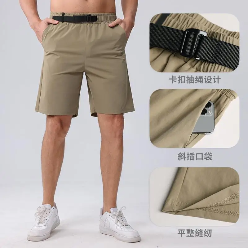 Khaki Casual Half Shorts with Loop Buckle Belt Drawstring Solid 90% Nylon 10% Spandex New Pattern Short Pants Side Pockets Down