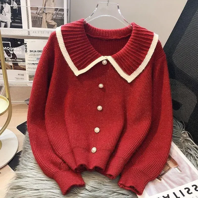 Sweet Vintage Red Knitted Cardigan Pull Femme Doll Collar Autumn 2025 Cropped Sweater Long Sleeve Top Sueters De Mujer Coat