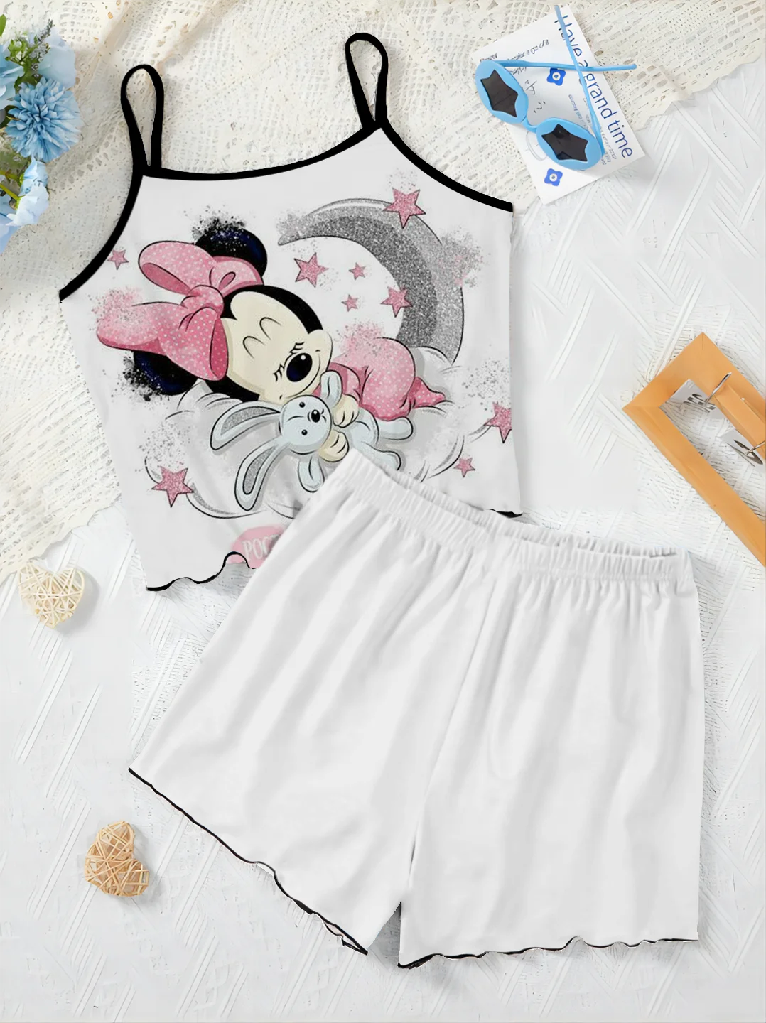 Disney-conjuntos curtos femininos, vestido para casa, saia de pijama, camiseta Mickey, guarnição de alface, Minnie Mouse, terno elegante, 2 peças