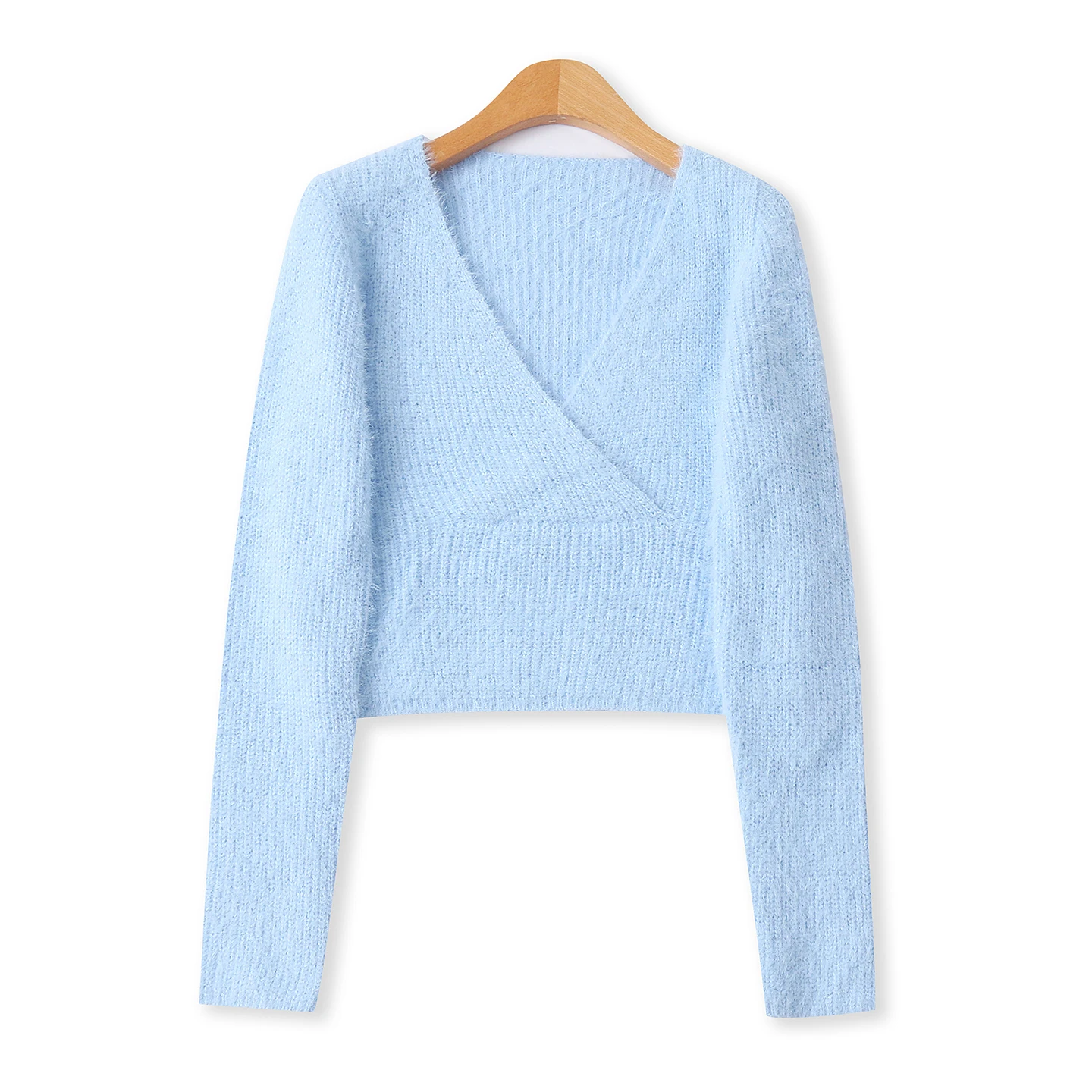 

Blue Knitted Sweater V-Ne Long Sve ort Sle Faionable Women's Autumn New Arrival Cross Design Slim Fit Overhead Top