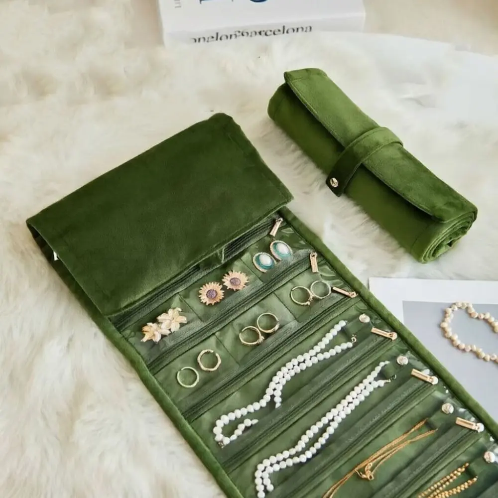 Multi-pocket Rolled Jewelry Storage Bag Flannel PVC Bracelet Display Pouch Compact Anti-lost Travel Jewelry Case Bangle