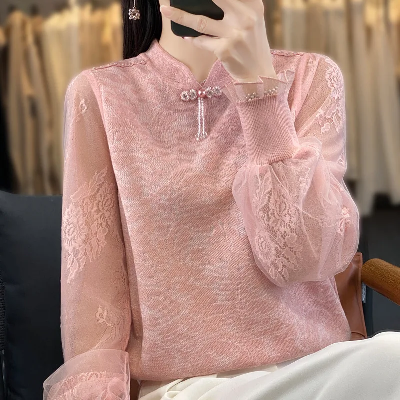 Women's Vintage Embroidered Lace Lantern Long Sleeve Disc Buckle Cut-out Stand Collar Jacquard Knit Top