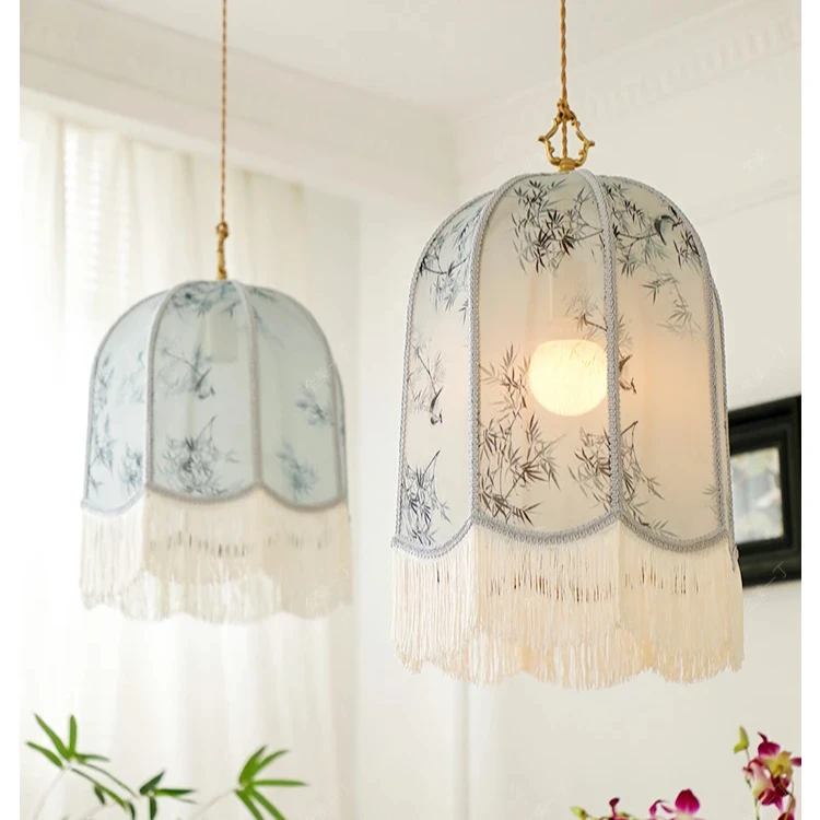 

Chinese Classical Lantern Tassels Pendant Light Led Print Fabric Art Hanging Lamp Living Room Restaurant E27 Bulbs Hone Decor