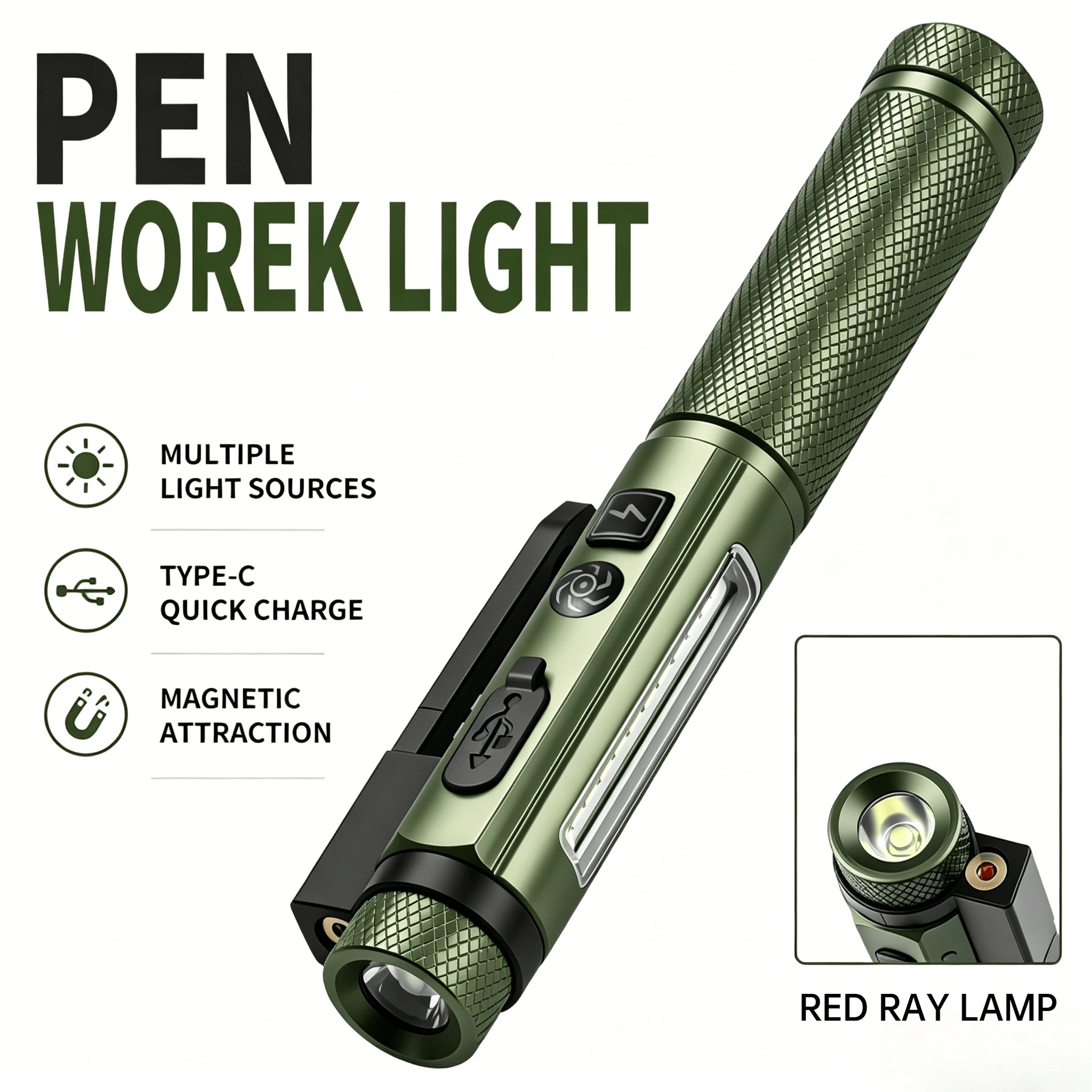 LED Strong Light Pen Clip Light Type-C Charging Outdoor Repair Work Light Multi Light Source Portable Flashlight with Magnet