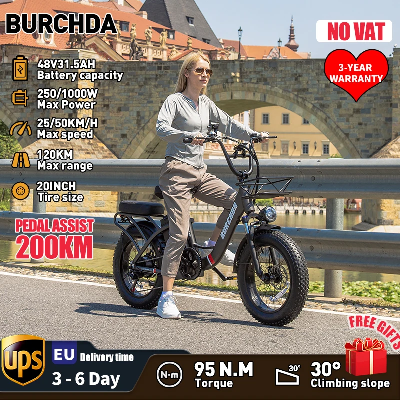 BURCHDA-Adult E-Bike U8, Mountain Bike, Snow E-Bike,1000W, 48V, 31.5 Ah, High CapacityLi-ion Battery, Fatbike , New 2024, 45KM/H