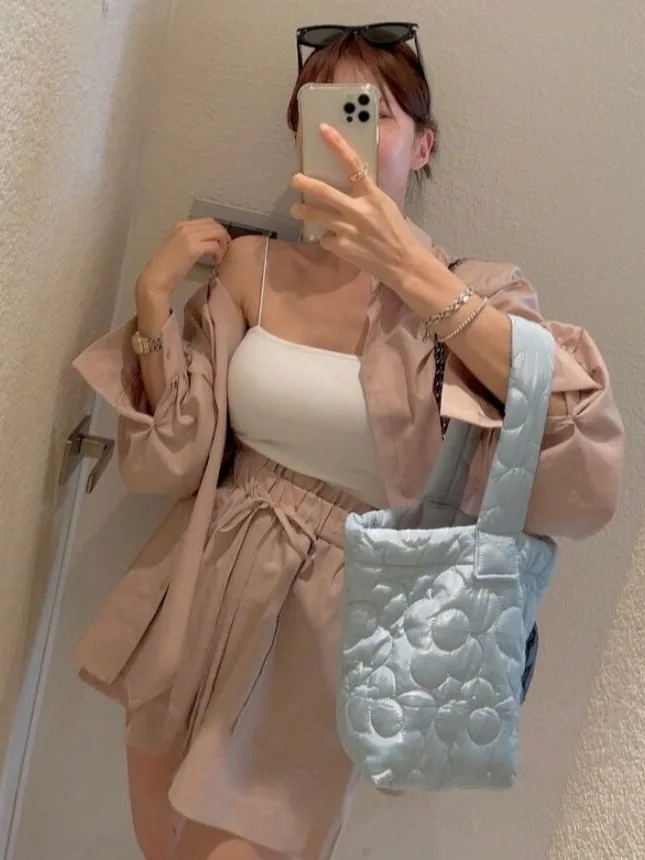 Loose Sun Protection Shirt And Elastic Shorts Set with Inner  Two Piece Set Korean Style Women's Fashion Spring Summer