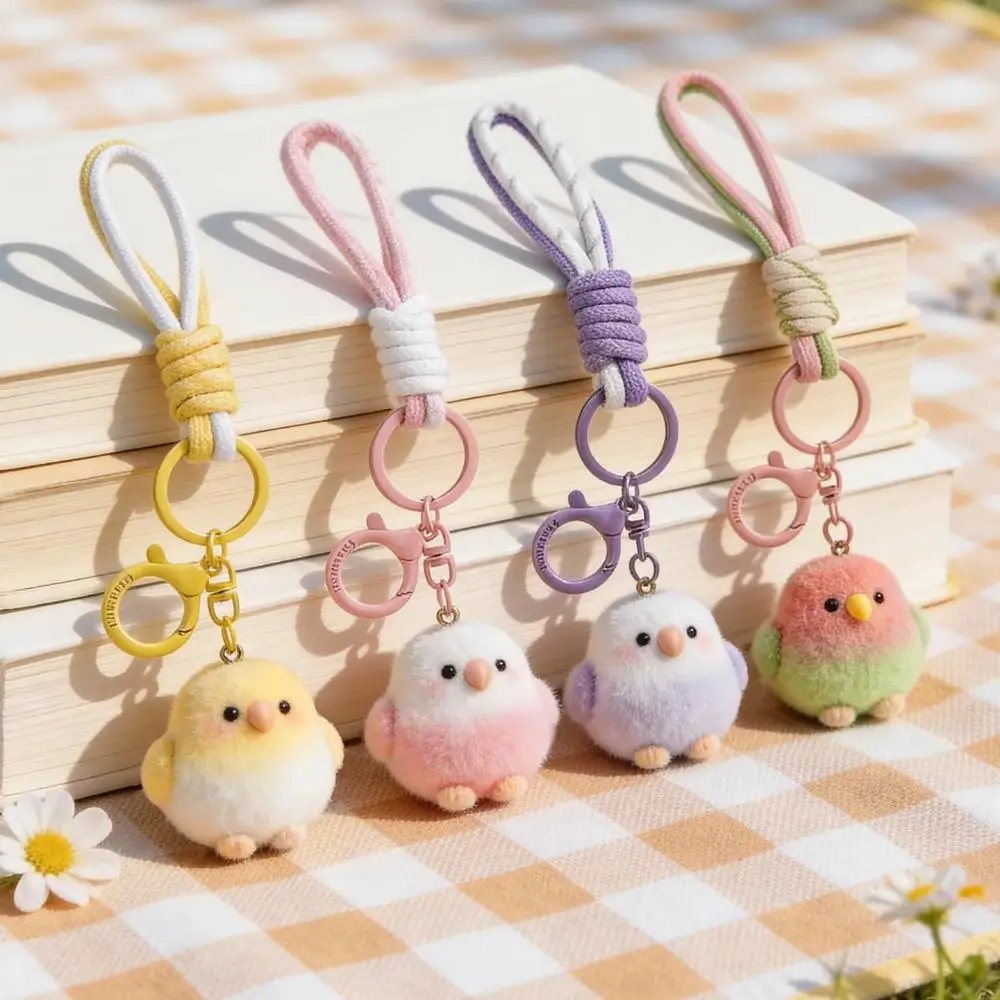 Hanging String Flocked Bird Pendant Keychain Knitted Hand Rope Plush Flocking Bird Keychain Flocked Design Cute Plush Pendant