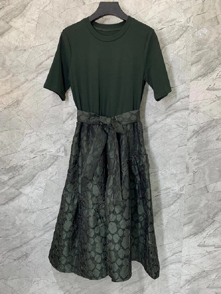 

High Quality Brand New 2023 Summer Dress Women Vintage Jacquard Print Patchwork Belt Deco Short Sleeve Casual Green Black Dress