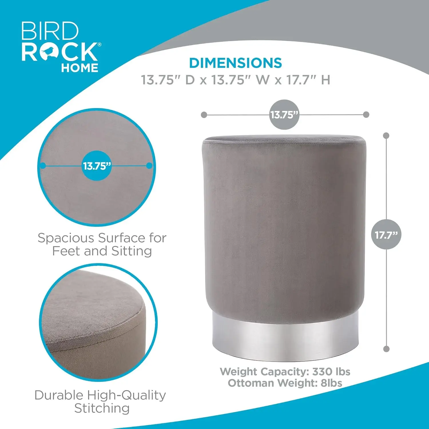 

Birdrock Home Round Ottoman Foot Stool – Soft Padded Modern Stool Design – Ideal For Living Room, Bedroom – Compact Footrest,