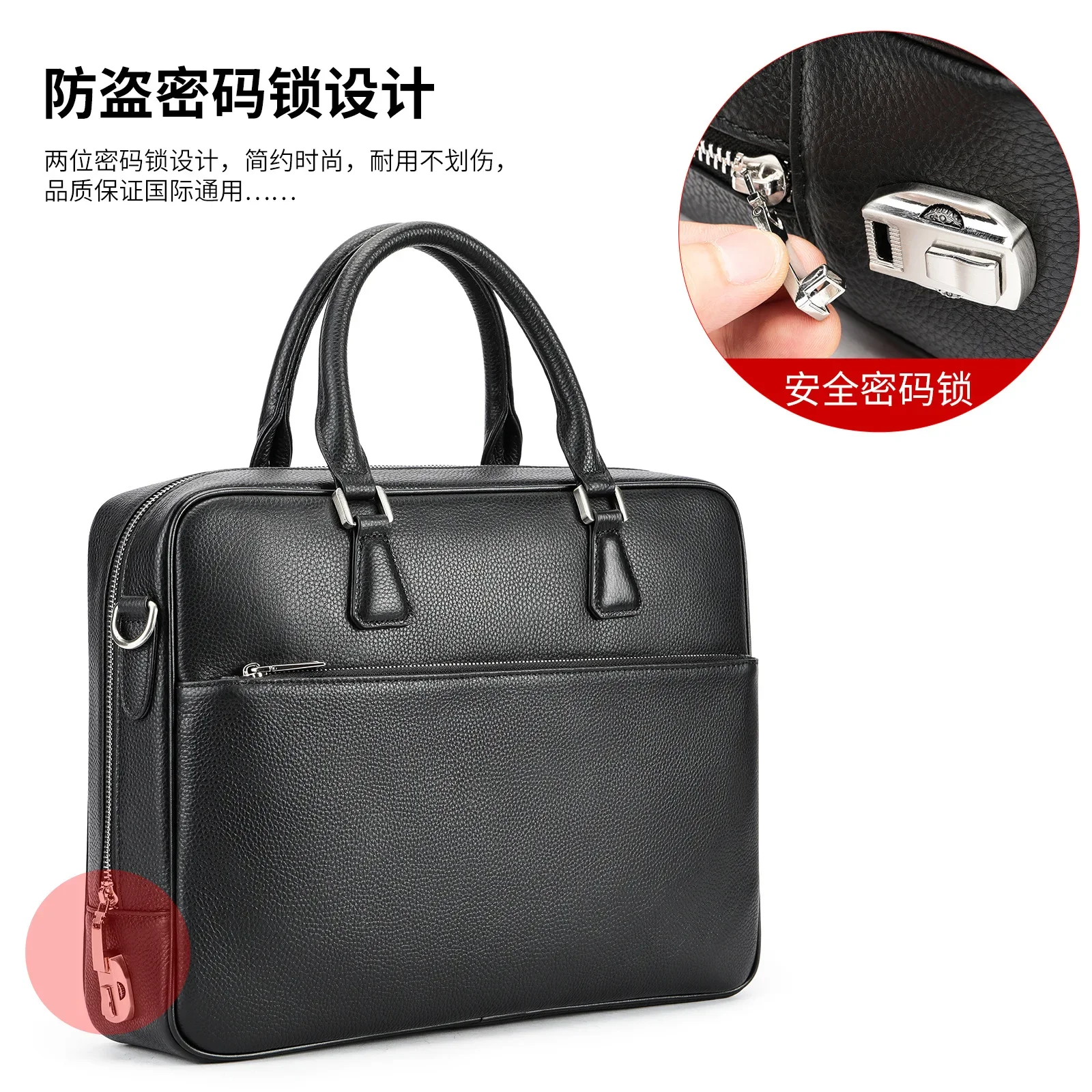 Hot selling new leather briefcase men\'s business travel password lock layer cowhide laptop bag