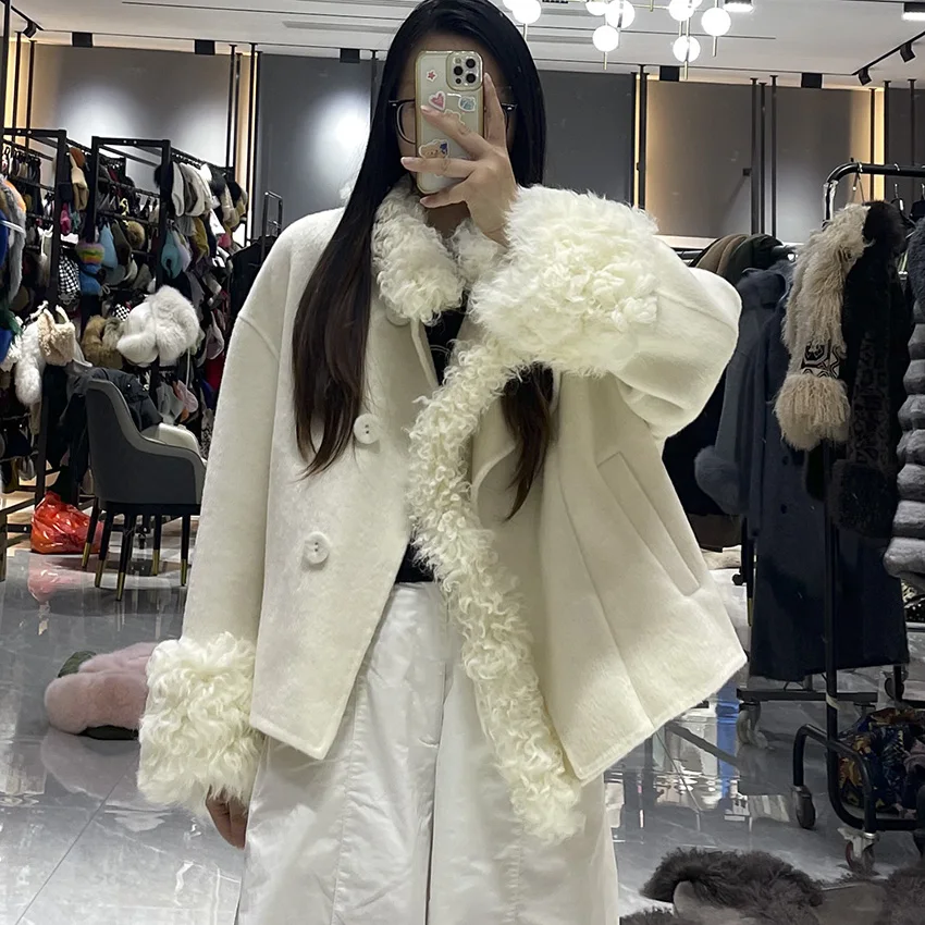 JANEFUR Luxury Women Short Wool Coat Curly Wool Trim Asymmetric Collar Winter Wool Jacket Outerwear JFB4-26056