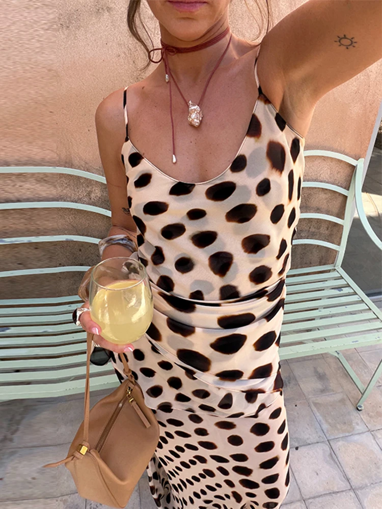 Leoparden-Muster Abnehmbarer Schal Slip Langes Kleid Damen Sexy Spaghetti-Träger V-Ausschnitt Ärmellos Rückenfrei Schlankes Abendkleid Schickes Vestido – Detail 3