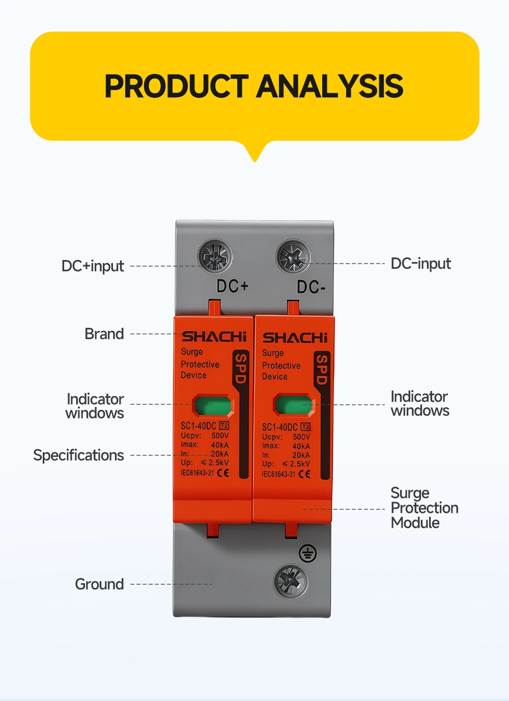 2P DC-Serien-Überspannungsschutzgerät 500V 600V 800V 1000V 10-20KA 20-40KA für Photovoltaik-Solaranlagen-Blitzschutz – Detail 10
