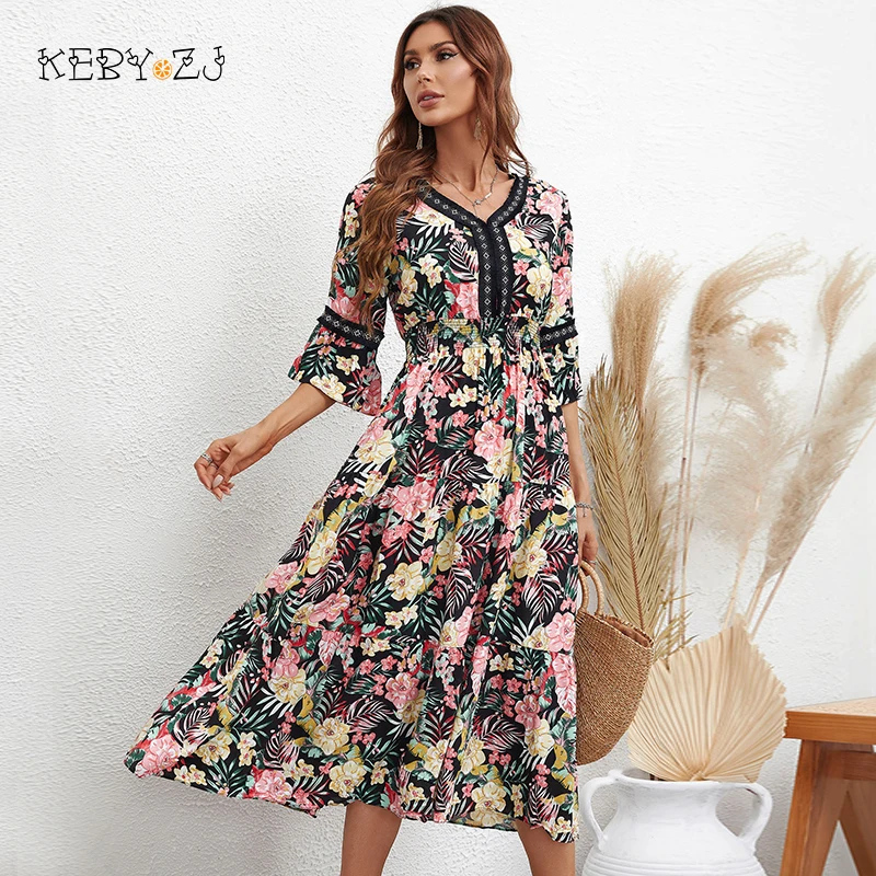 

KEBY ZJ Vintage Floral Long Dress Women Summer Elegant Short Sleeve Print Dresses Female Maxi Dresses Holiday Party Vestidos