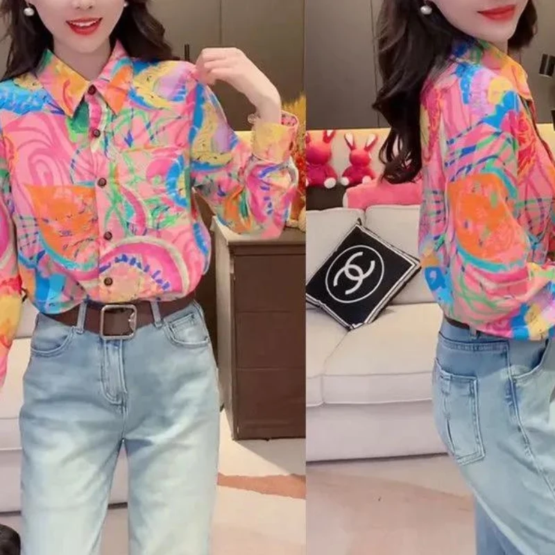 2024 Spring New Long Sleeved Top Women's High End Printed Cardigan Shirt POLO High End Simple Spring/Summer Loose Temperament