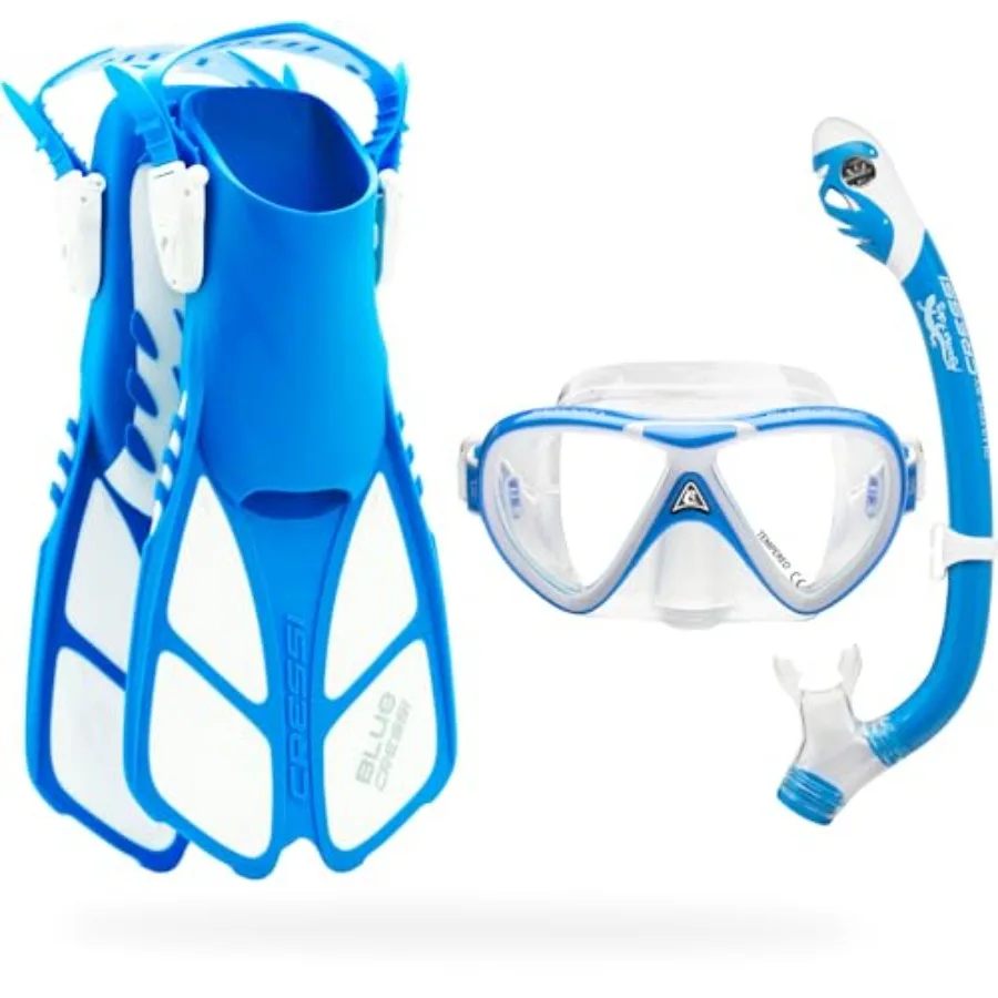

Youth snorkel set for kids ages 38: silicone mask, short adjustable fins, dry snorkel mini bonete pro dry set in blue and yello
