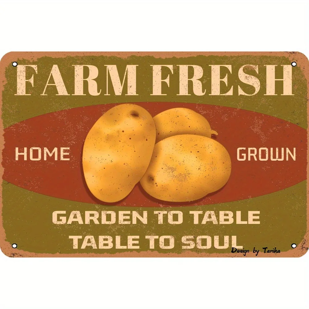 Vintage  Wall Art Sign - Farm Fresh Garden to Table to Soul Rustic Decor with Potato Illustration, Retro Sign for Home Kitchen