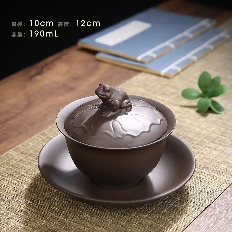 Creative Purple Clay Gaiwan Ceramic Sancai Bowl Handmade Kung Fu Teaware with Flog Cute Mini Household Tea Bowl Tea Tureen Cup