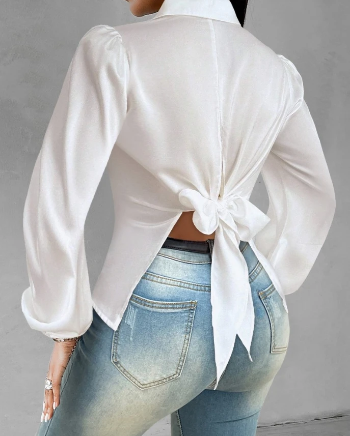 Vintage Women Puff Sleeve Shirt 2024 Autumn Turn Down Collar White Tops Button Down Back Tied Detail Satin Office Lady Blouse