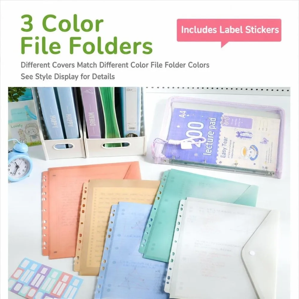 Durable 4-Hole Loose-leaf A4 Binder Folder, with Handle Zipper Document Pouch Transparent File Bag Students