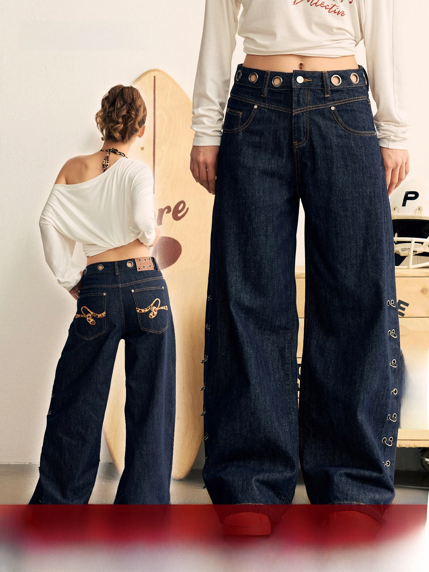 

BeerBro Loose Straight Leg Jeans Low Waist Chien Eye Button round Ring Detailing Festival Sle Women's Cotton Denim
