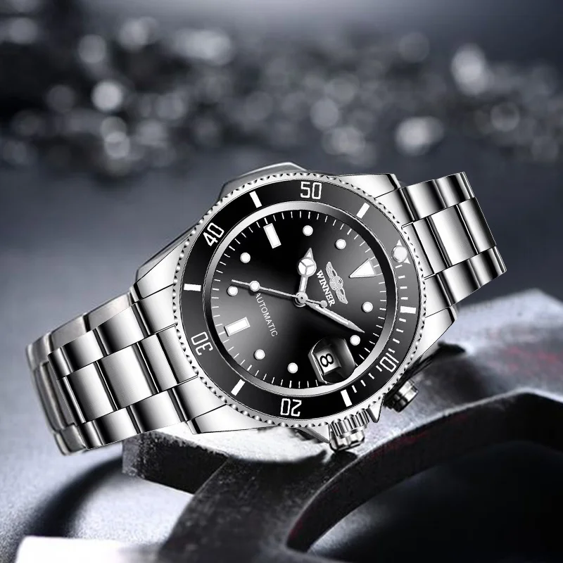 WINNER 002 Casual Men's Automatic Mechanical Watch Luminous Waterproof Stainless Steel Strap Wristwatch Calendar Watches for Man