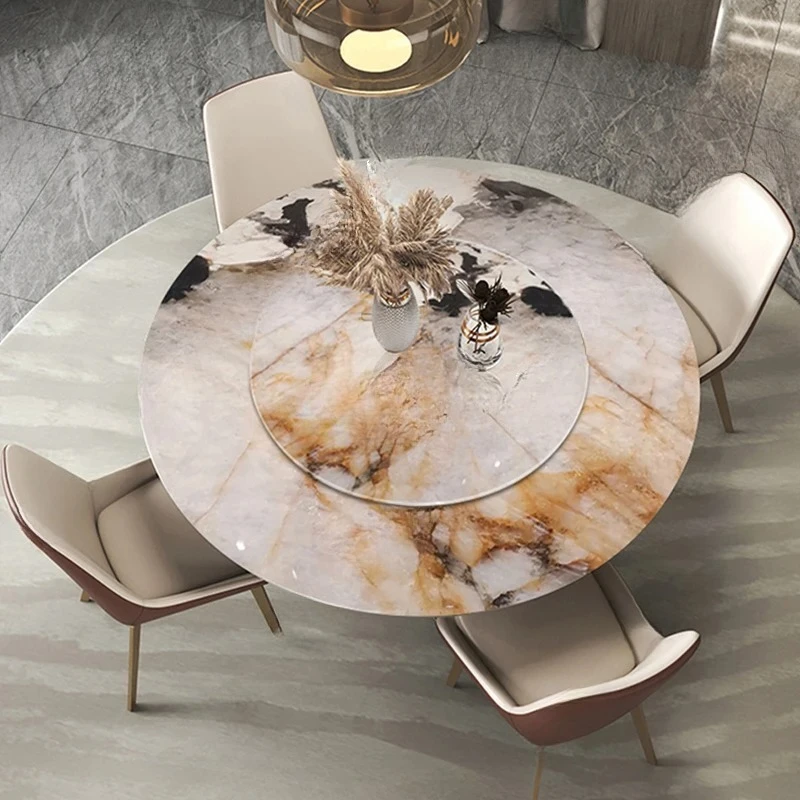 light luxury high-end villa with turntable round dining table natural marble
