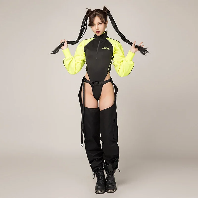 Fluorescence Green Bodysuit Sexy Hollow Out High Waist Pants Nightclub Gogo Jazz Dance Costume Hip Hop Dancer Outfits