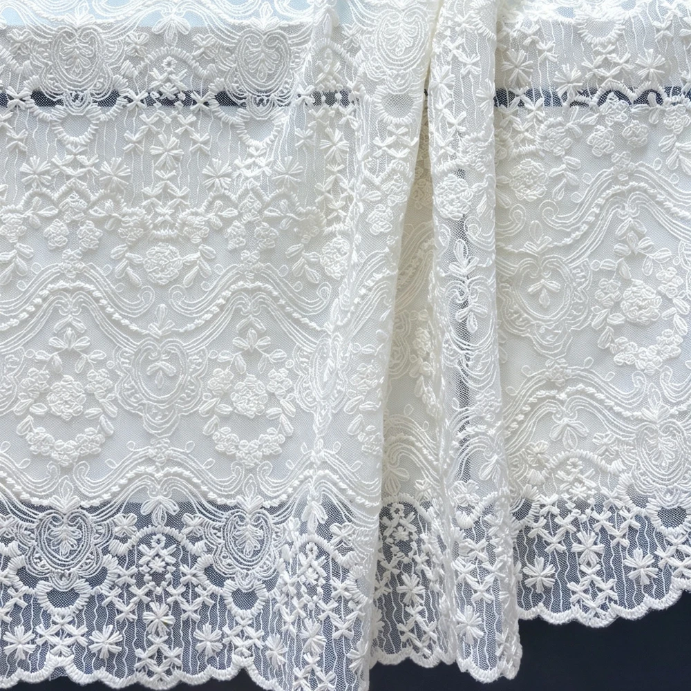 Ivory Beige Embroidered Mesh Tulle Lace Fabric With Tiny Daisy Flowers And Stripes for Apparel Sewing Fabric Curtain Decorative