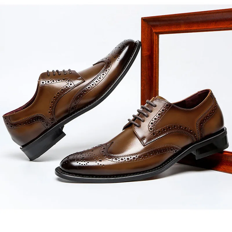 Formal Shoes for Men Lace Up Genuine Carved Leather Shoes Embossed Round Burnished Toe Block Heel Business Leather Shoes