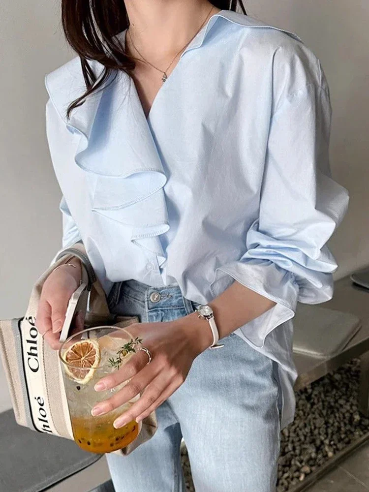 Elegant Sweet Ruffles Korean Camisas Mujer Design V Neck Blouse Fashion Long Sleeve Spring Preppy Style Female Shirts Top Kawaii