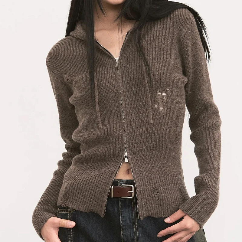 

Womens Y2k Zip Up Hoodies Sweater Harajuku Grunge Long Sleeve Collar Knit Cardigan Vintage Slim Fit Distressed Crop Jacket